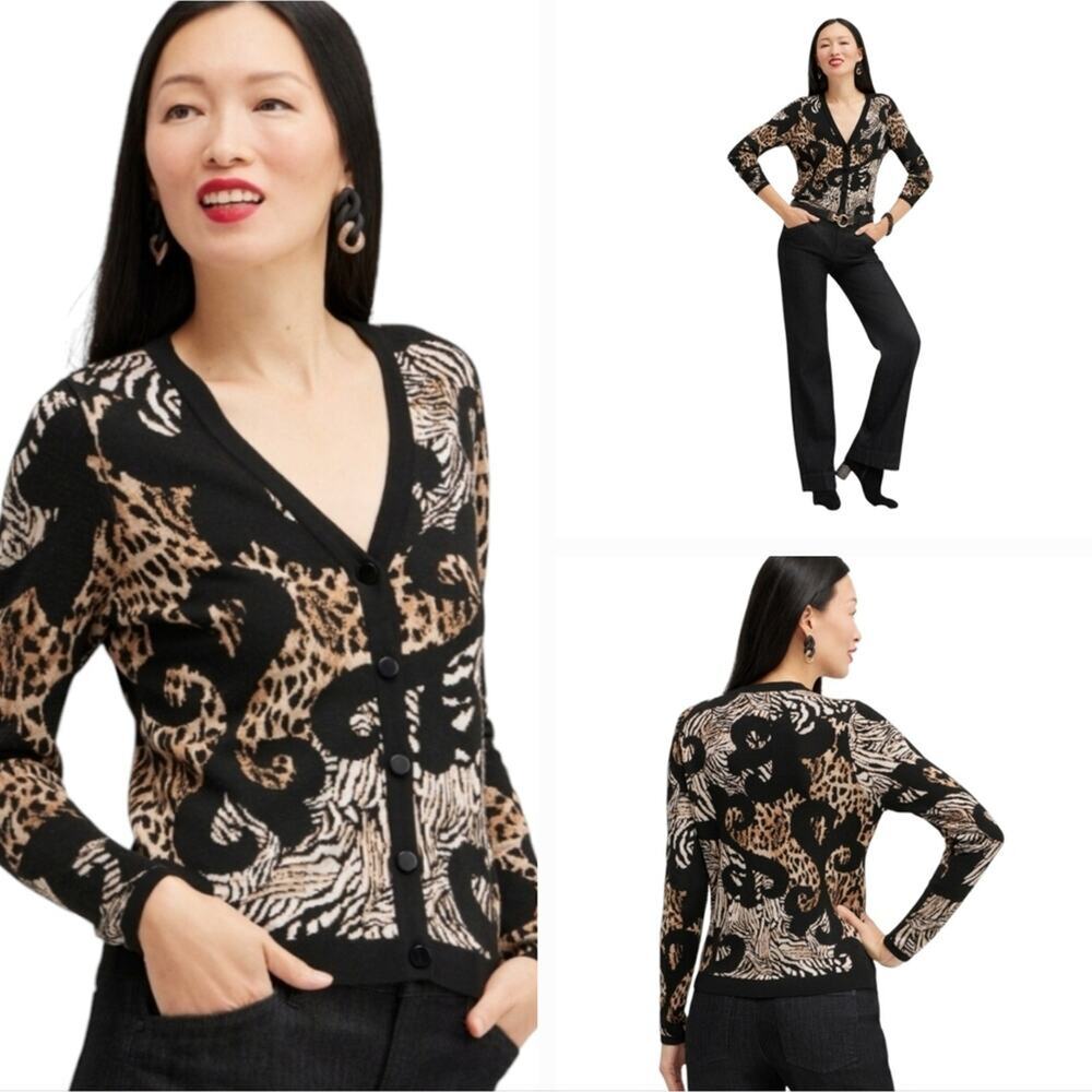 Chico's Jacquard Animal Print Cardigan Sweater Plus Size 4 XXL‎ NEW